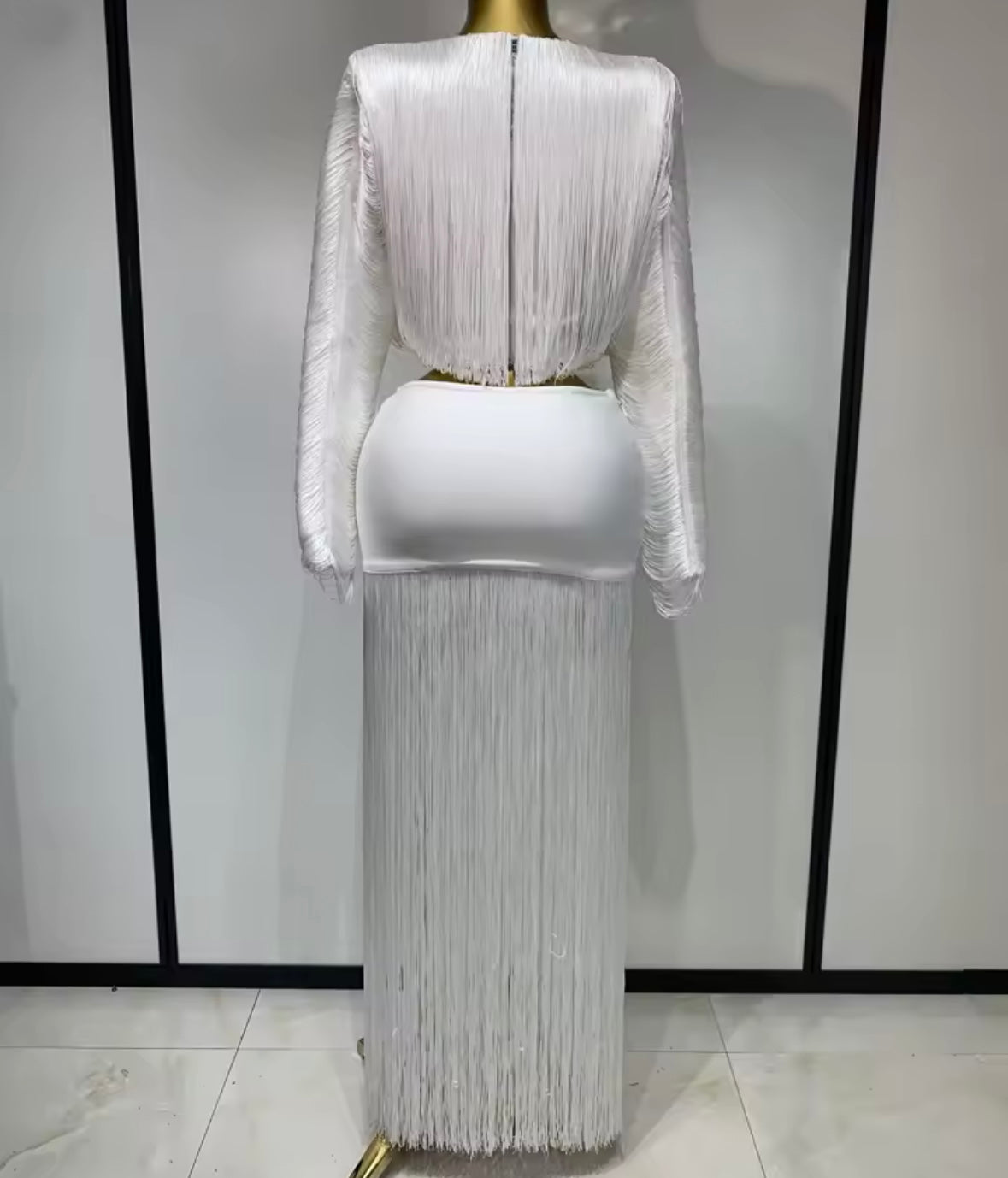 White Sexy Fringe Tassel Full Sleeve Maxi Skirt Set