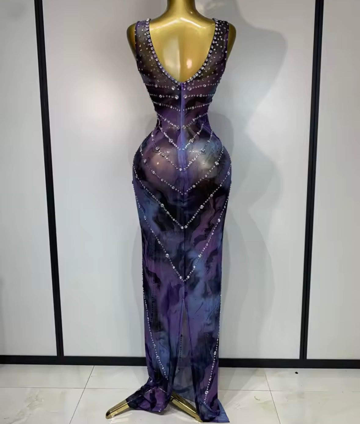 Sexy Sleeveless See Through Gradient Rhinestone Maxi Dress