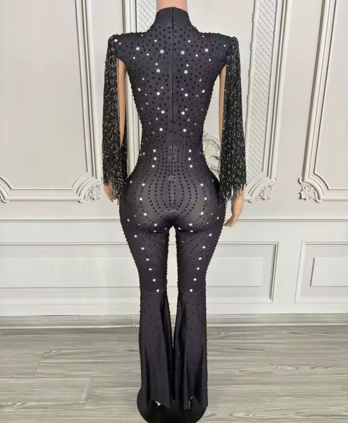 Black Rhinestone Tassel Sleeveless Jumpsuit