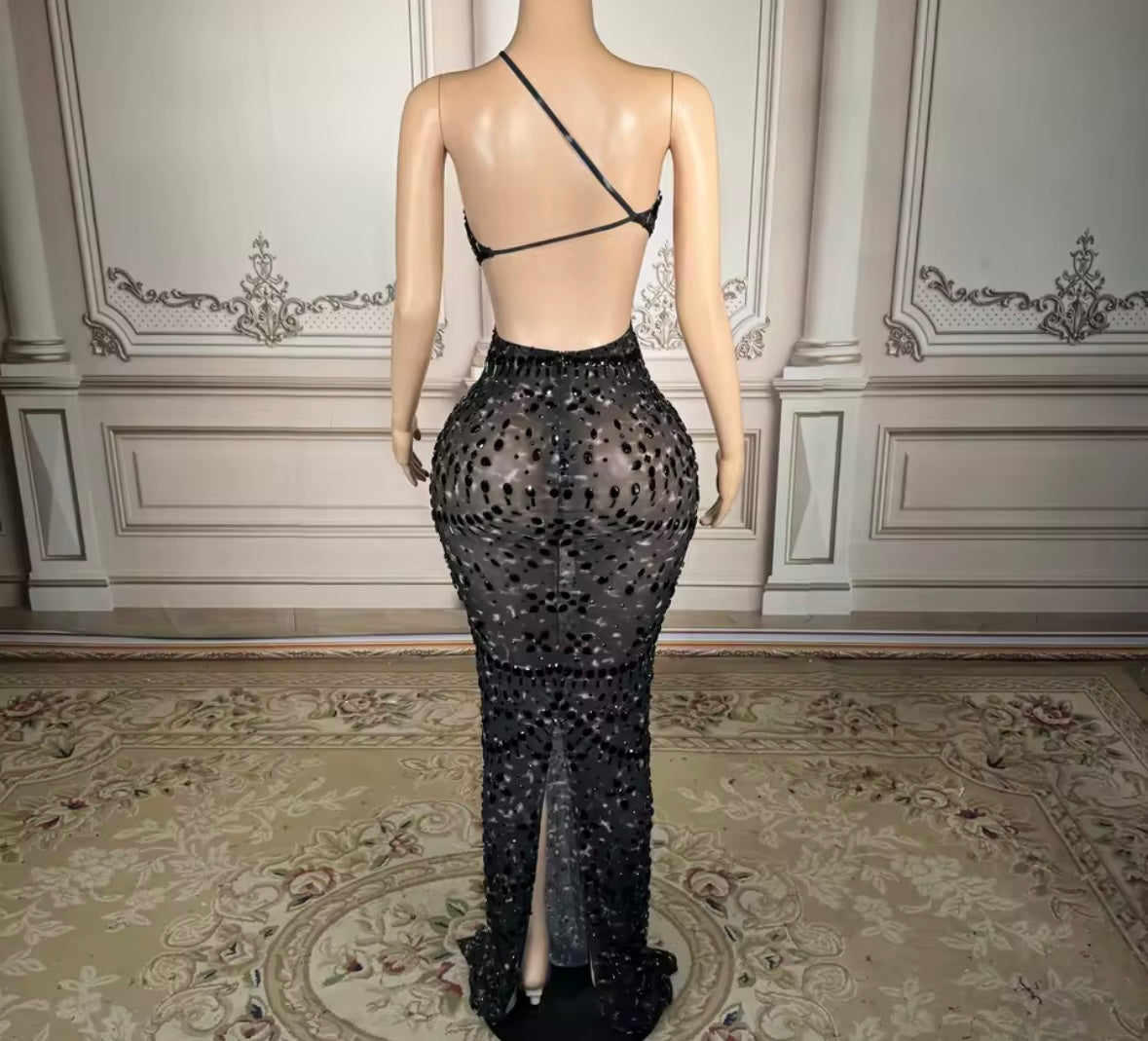 Sexy Black Sleeveless Open Back Crystal Floor-Length Dress