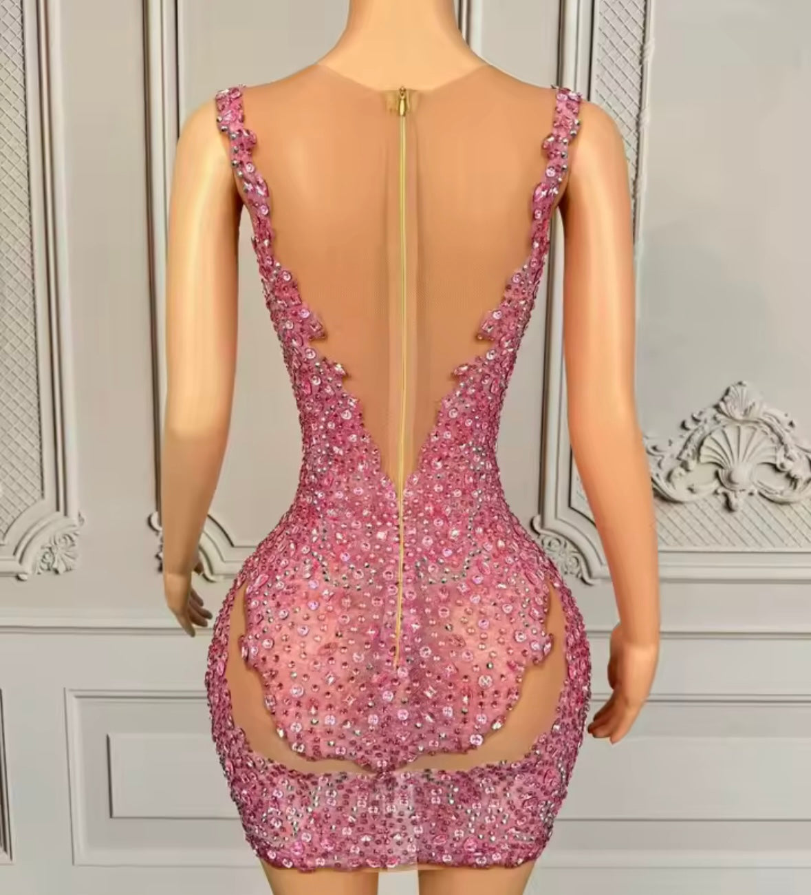 Sexy Sleeveless See Through Pink Beaded Rhinestone Dress
