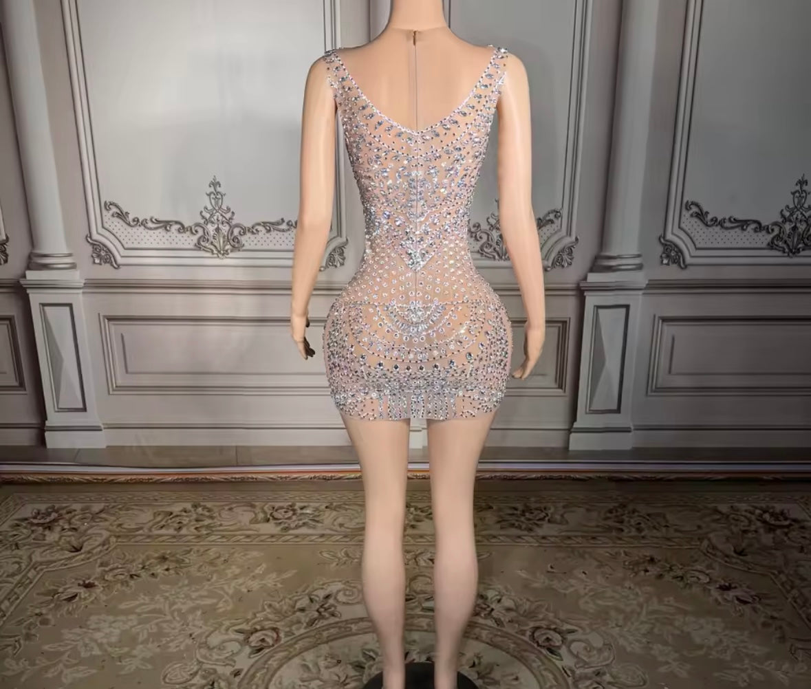 Sexy Sleeveless See Through Rhinestone Embellishment Dress