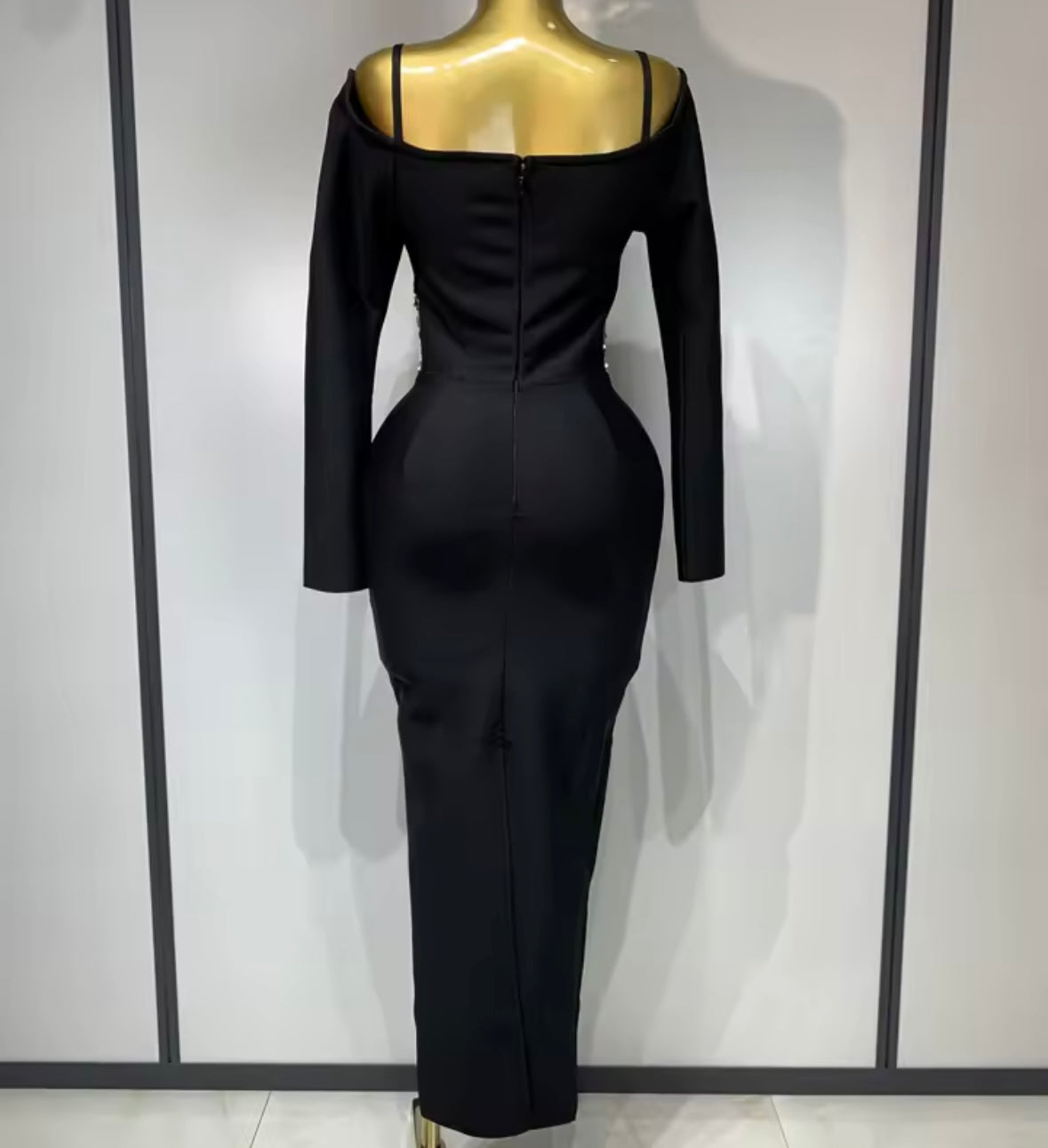 Elegant Black Sequins Patchwork Full Sleeve Maxi Dress