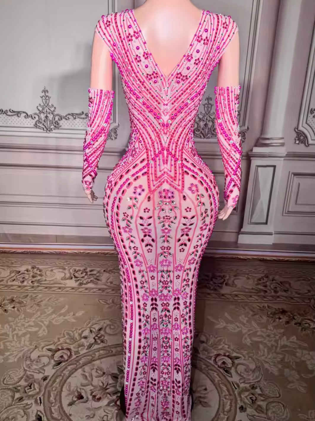 Elegant Pink Rhinestone Glove Sleeveless Maxi Dress