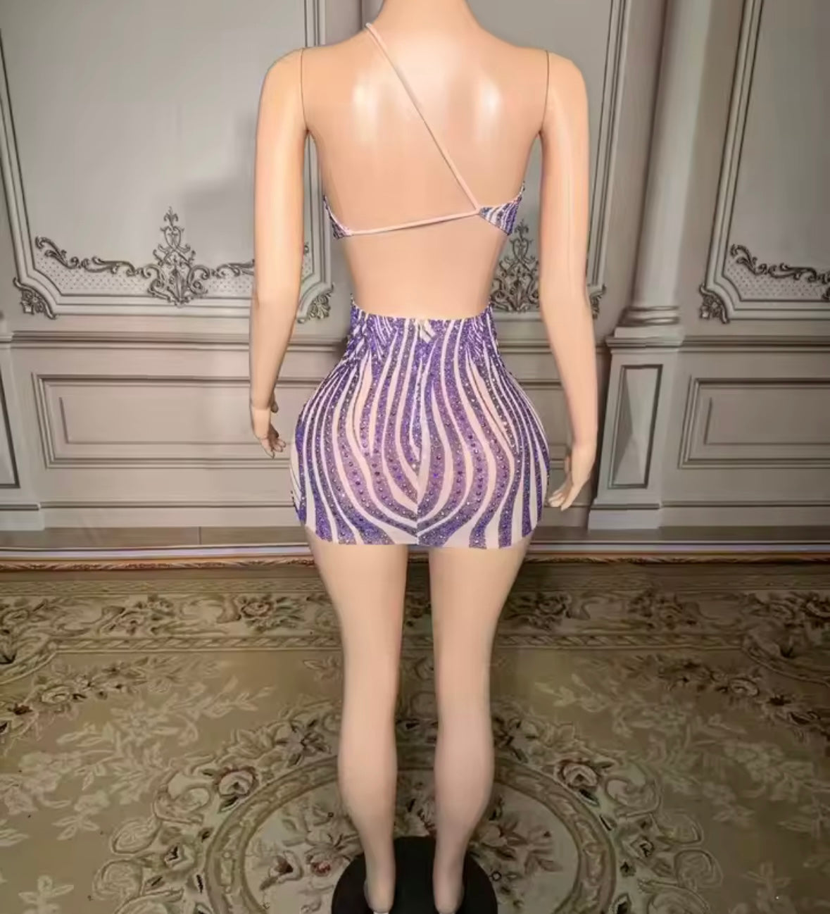 Sexy Striped Rhinestone Halter Sleeveless Open Back Dress