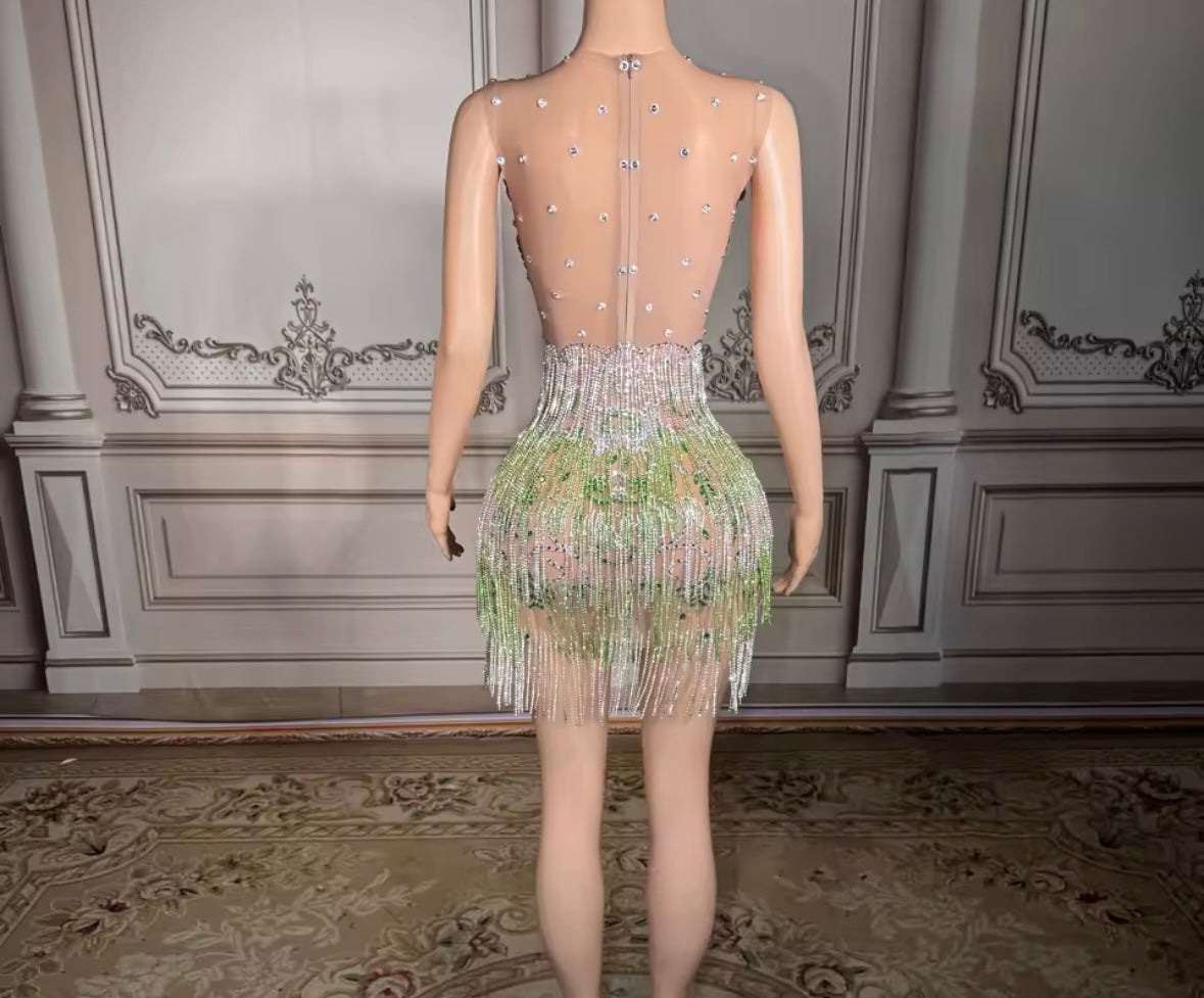 Sexy Sleeveless Rhinestone Tassel Short Dress