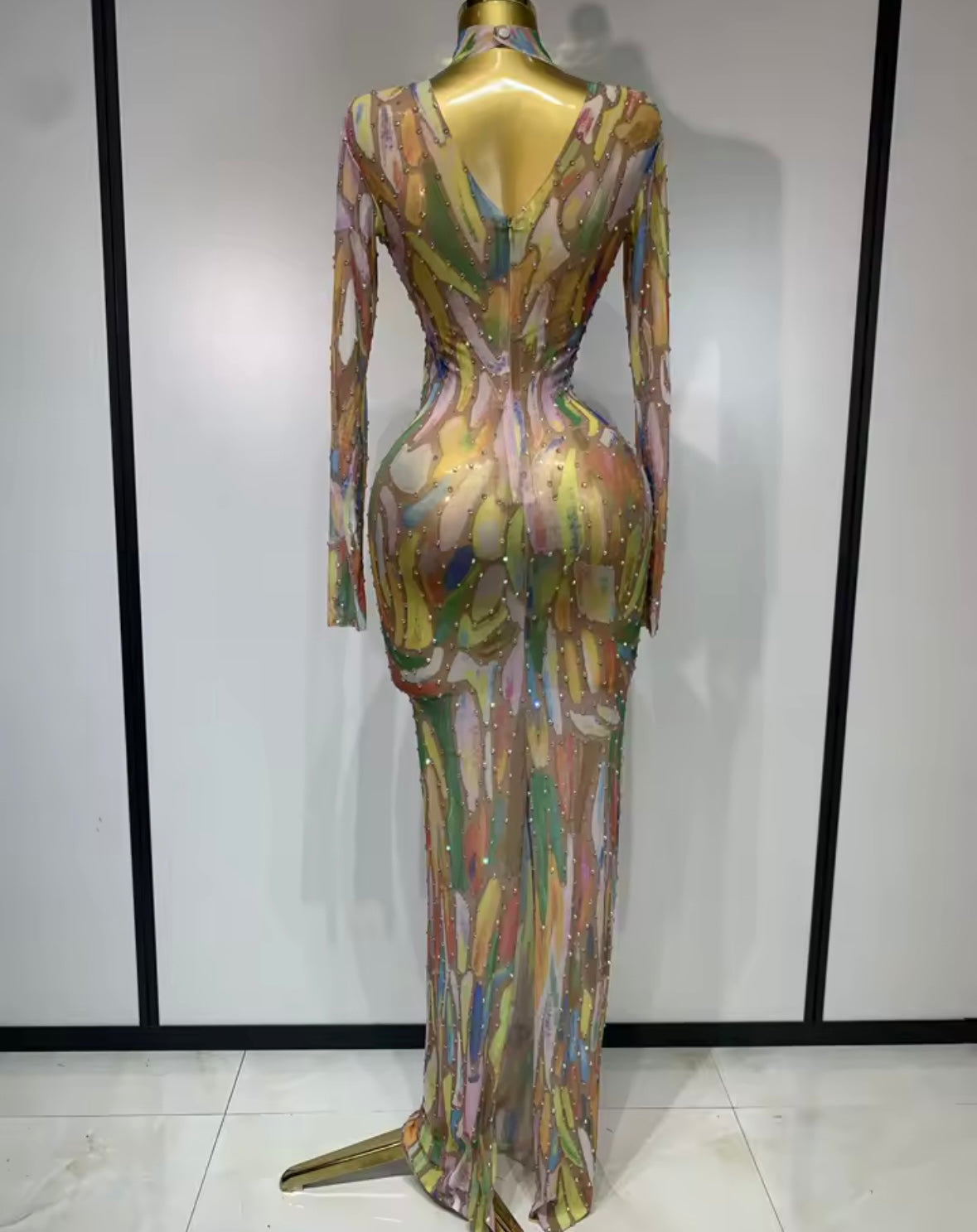 Multicolored Rhinestone Full Sleeve Floor-Length Dress
