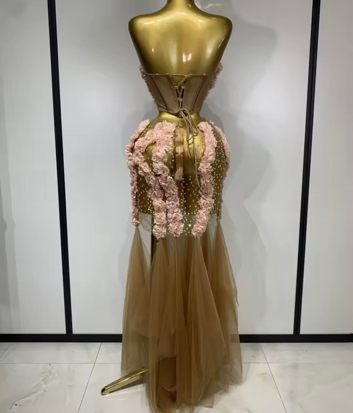 Sexy Strapless Floral Rhinestone Ruffle Floor-Length Dress