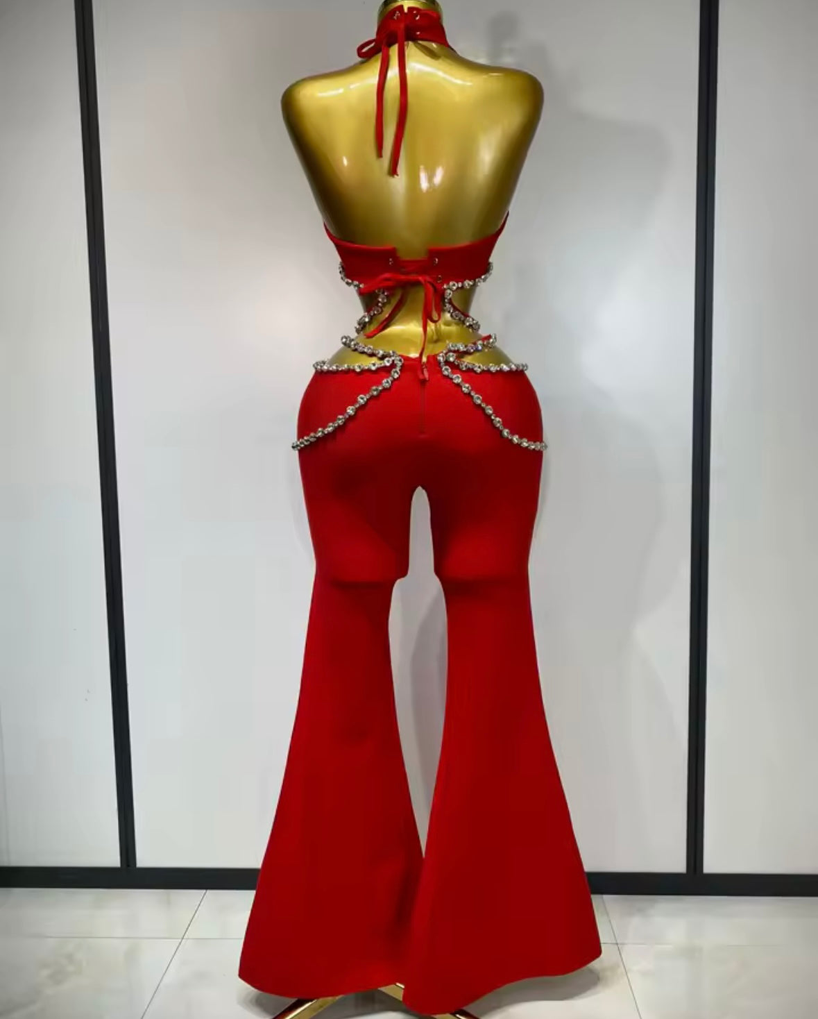 Red Halter Rhinestone Sexy Bandage Pant Set