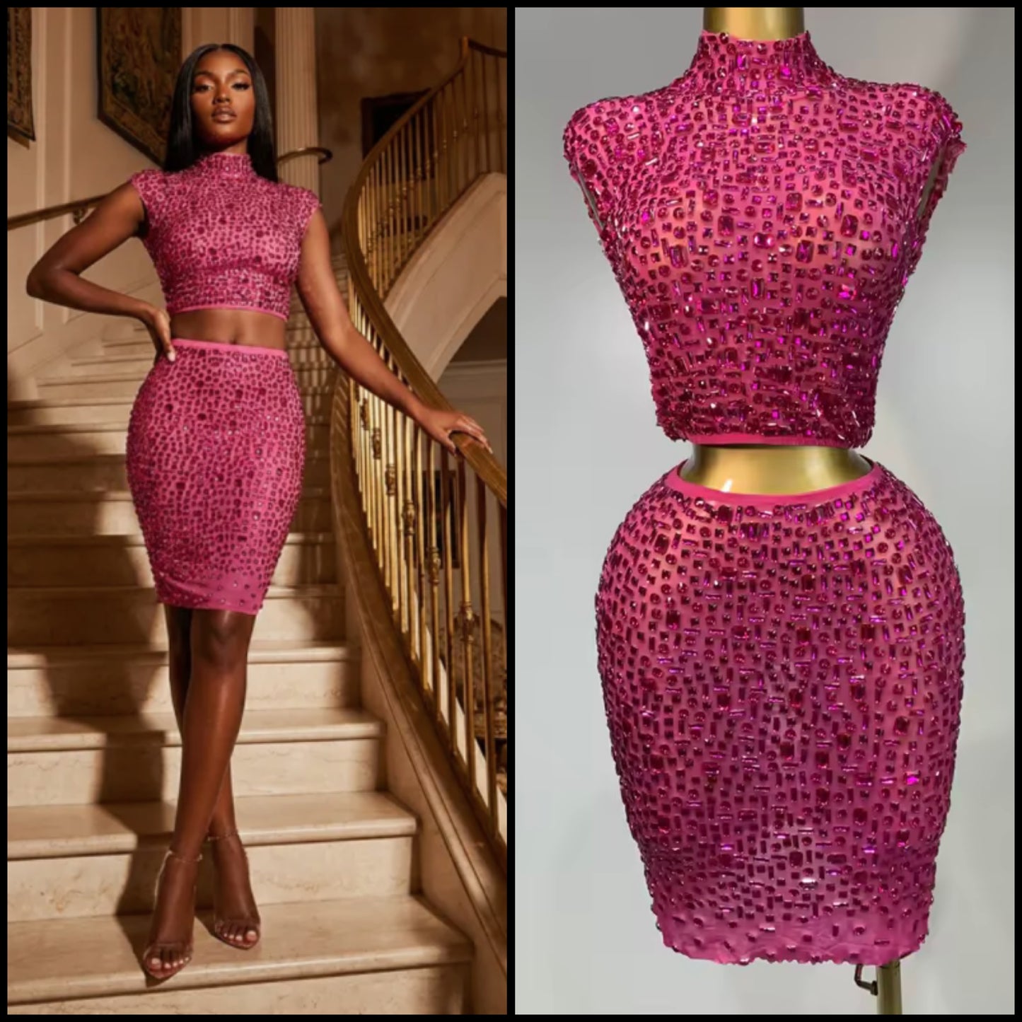 Sexy Sleeveless Crystal Crop Skirt Set
