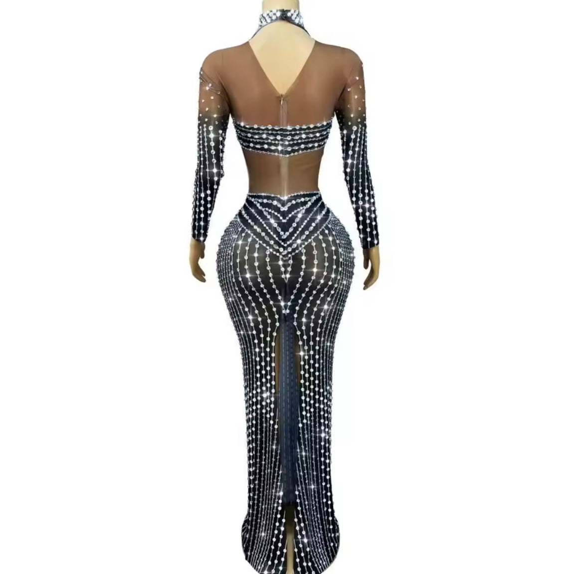 Sexy Rhinestone Full Sleeve Floor-Length Dress
