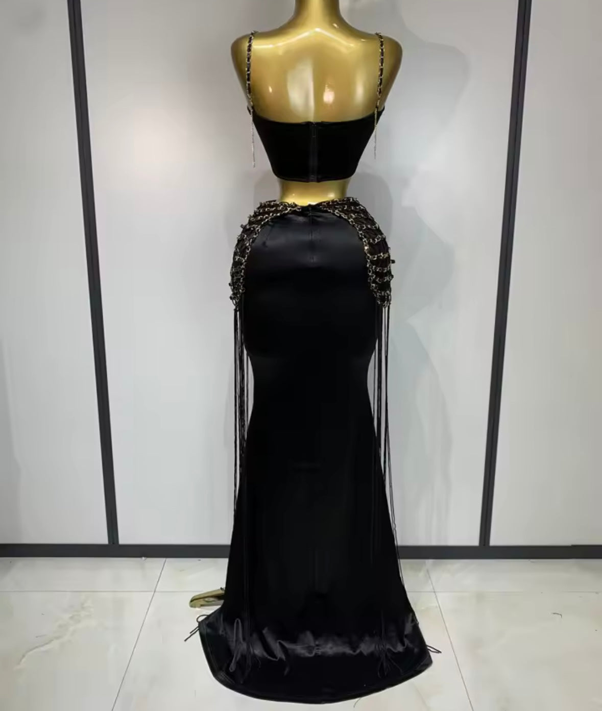 Sexy Black Sleeveless Chain Fringe Tassel Maxi Skirt Set