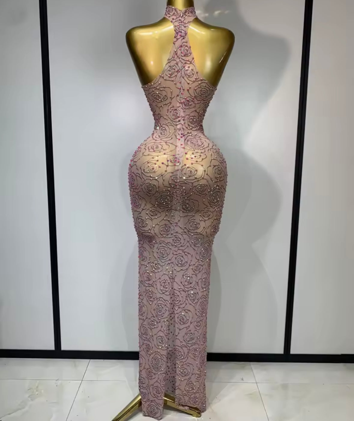 Sexy Printed Beaded Sleeveless See Through Floor-Length Dress