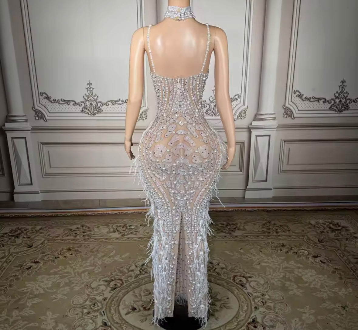 Sexy V-Neck Sleeveless Pearl Rhinestone Feather Maxi Dress