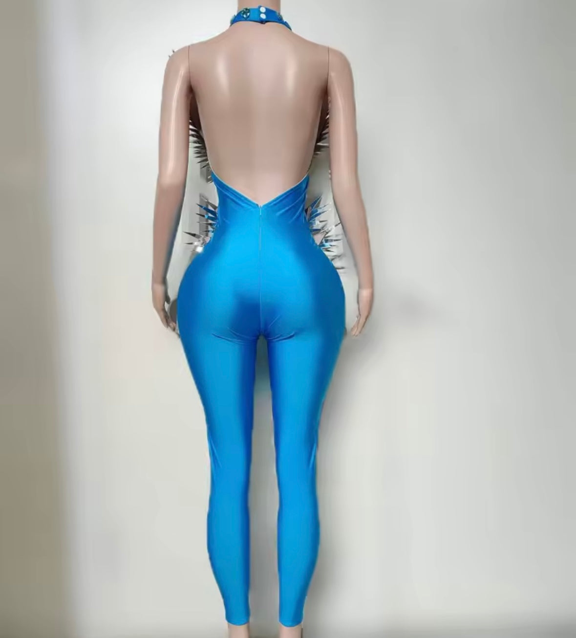 Sexy Halter Sleeveless Open Back Rhinestone Blue Jumpsuit