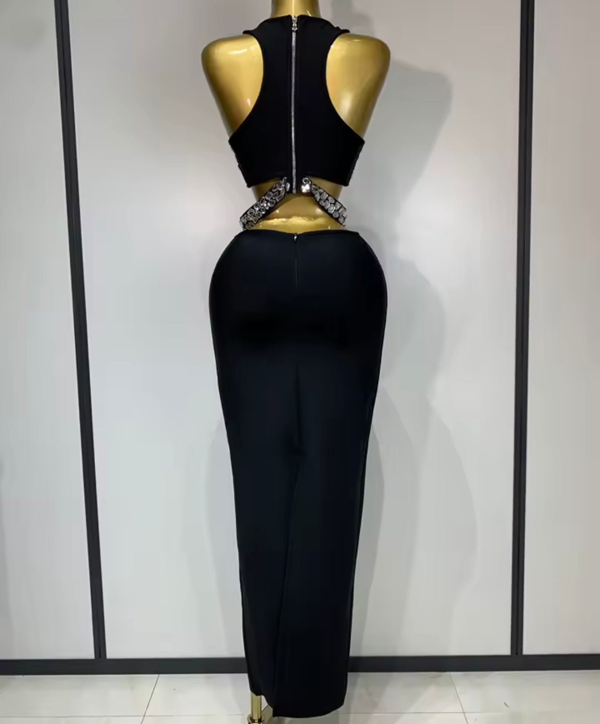 Sexy Black Sleeveless Rhinestone Floor-Length Skirt Set