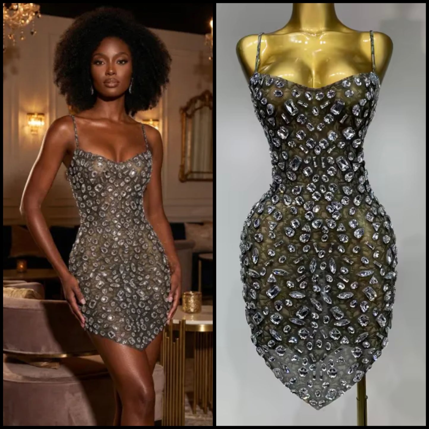 Green Sexy Sleeveless See Through Crystal Dress