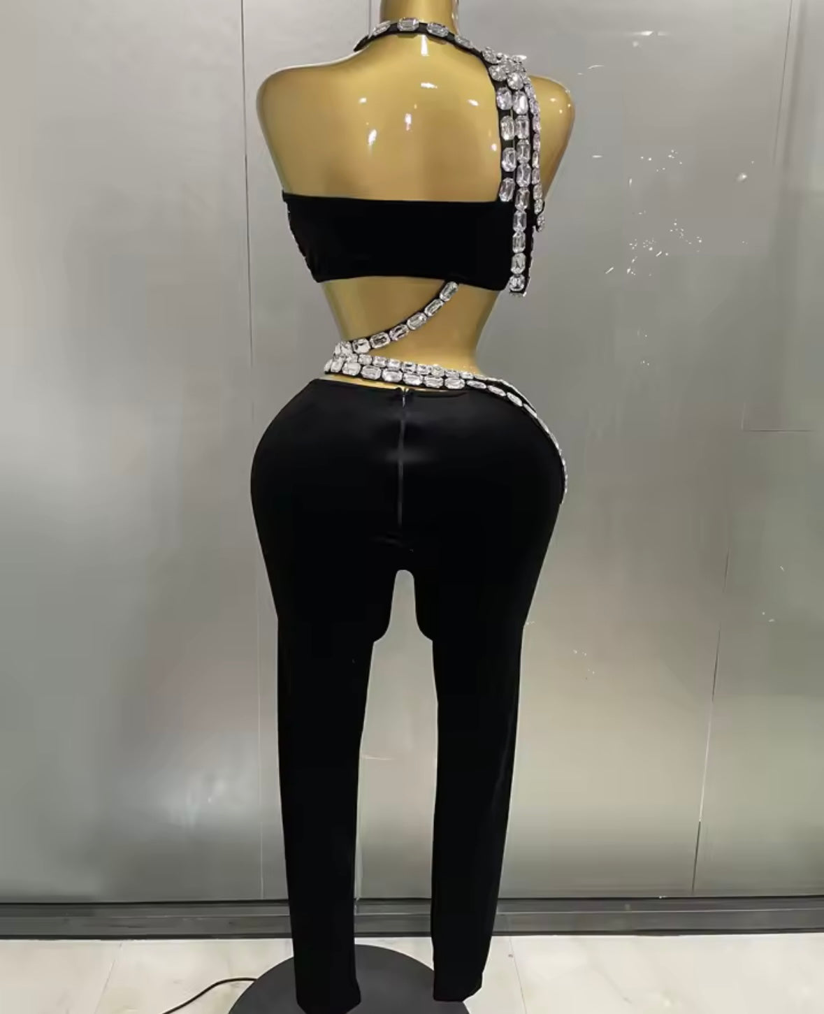 Black Crystal Halter Sleeveless Sexy Pant Set