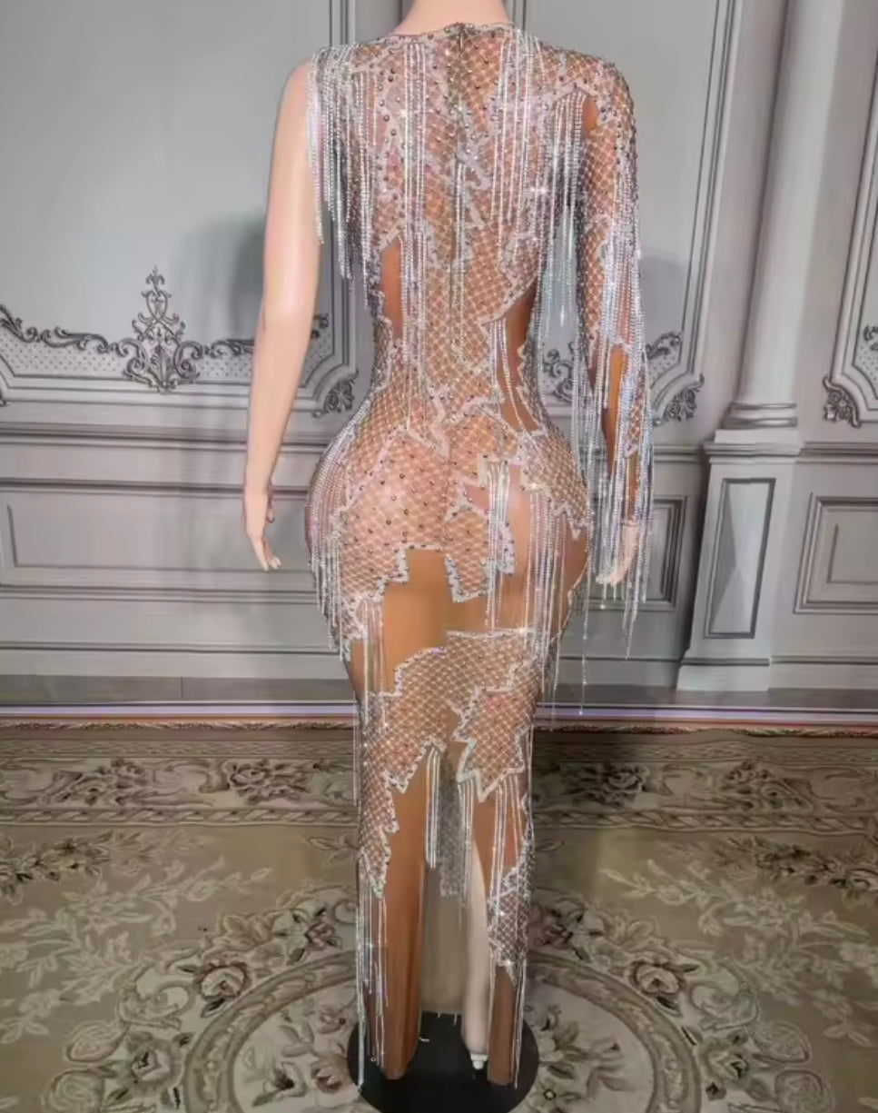 Sexy Rhinestone Tassel Full Sleeve See Through Maxi Dress