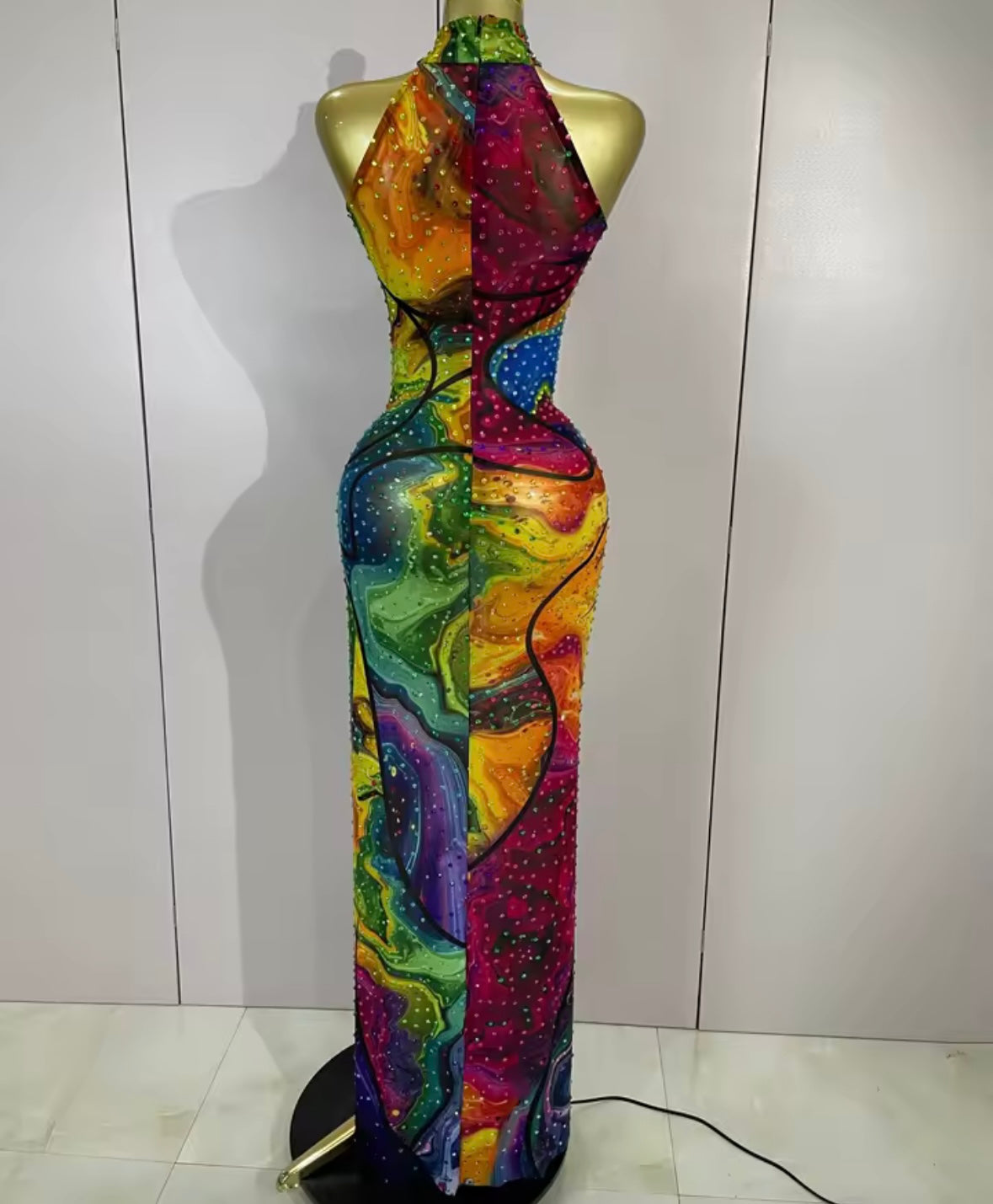 Sleeveless Multicolored Sexy Rhinestone Side Split Maxi Dress
