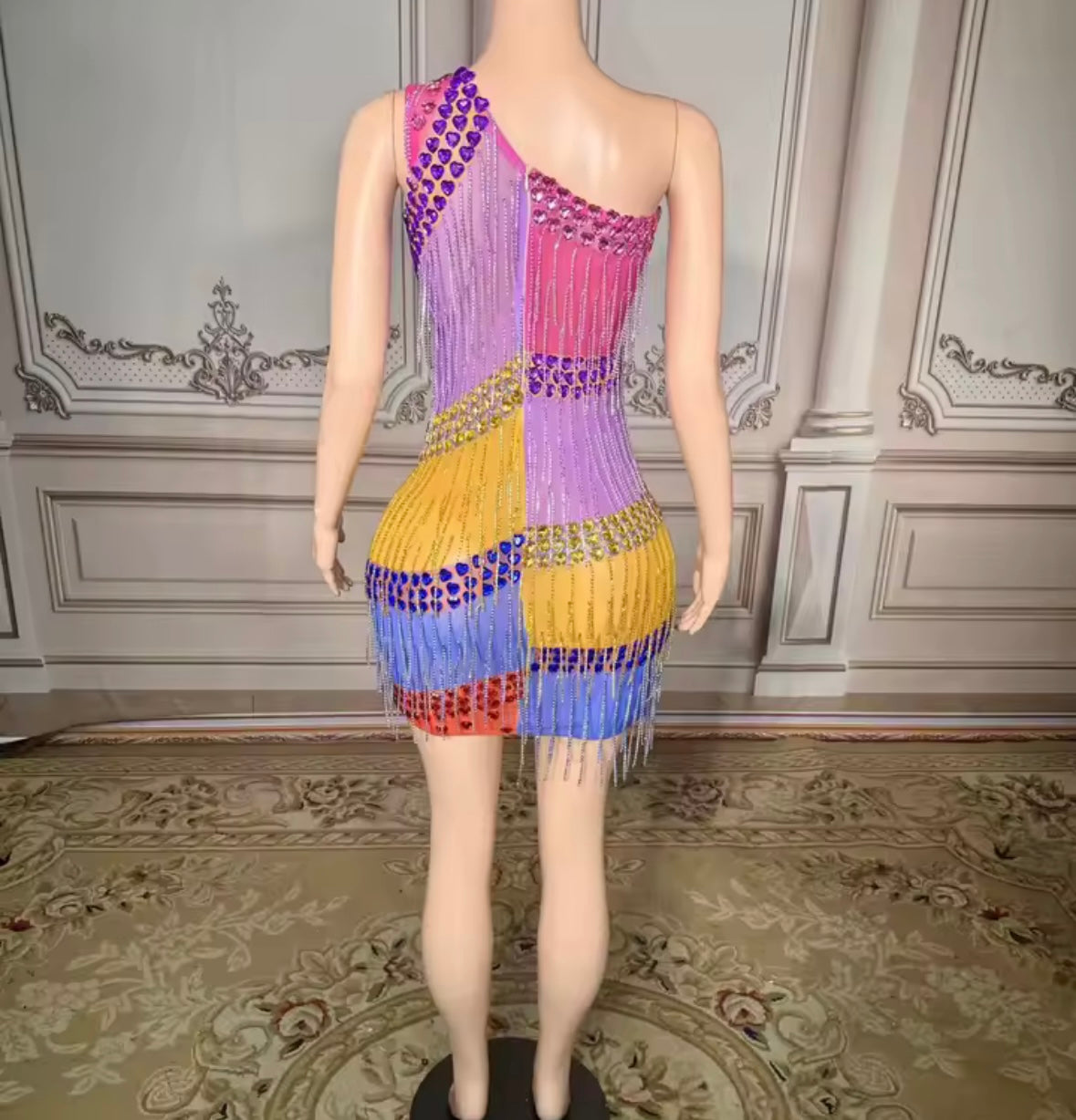 Sexy One Shoulder Sleeveless Multicolored Rhinestone Tassel Dress