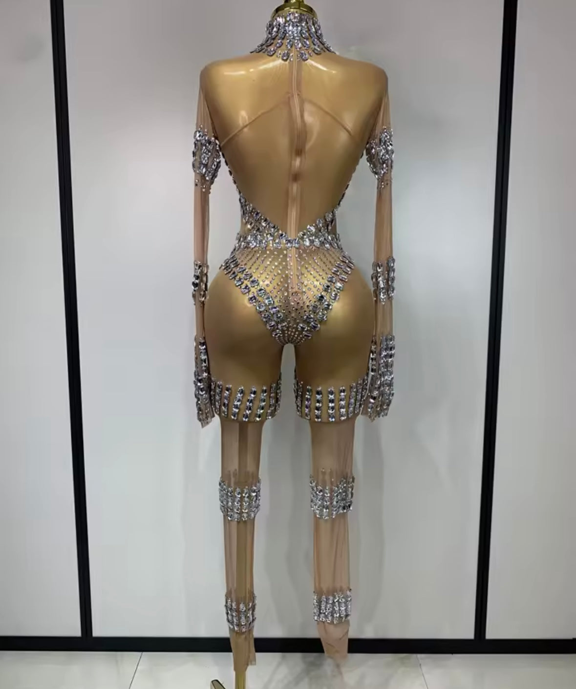 Nude Rhinestone Embellishment Full Sleeve Sexy Jumpsuit
