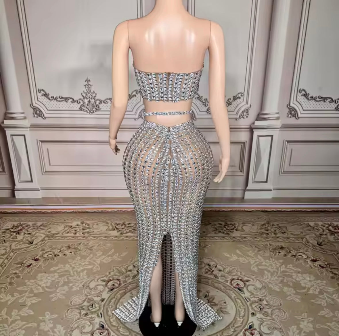Sexy Strapless Rhinestone Embellishment Maxi Skirt Set