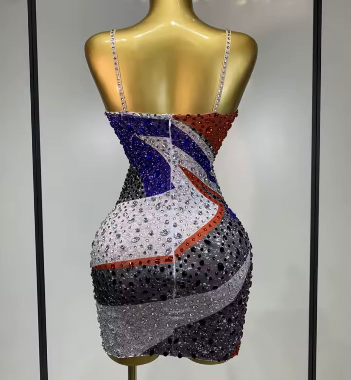 Sexy Sleeveless Color Patchwork Rhinestone Dress