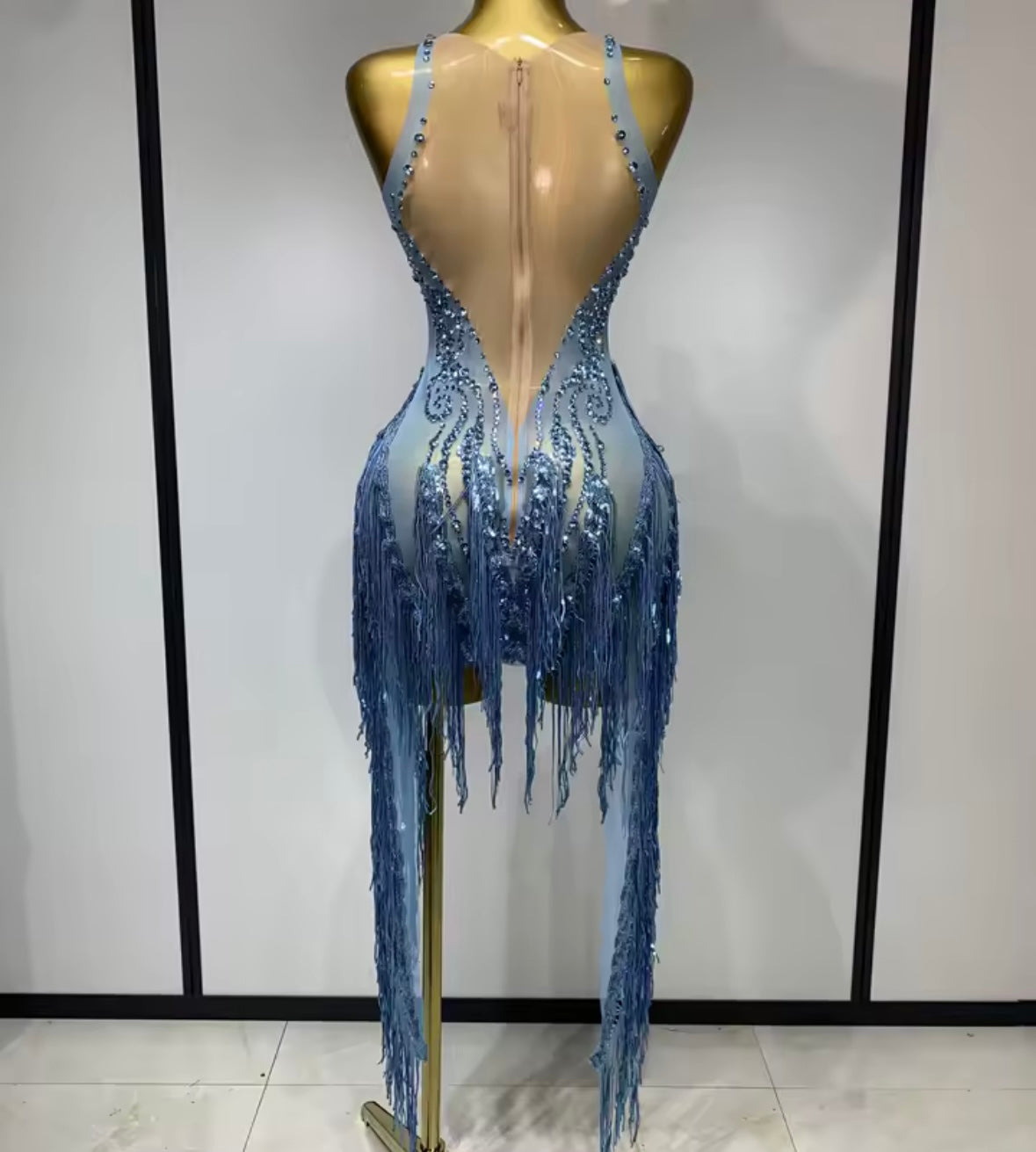 Blue Sleeveless Sequins Rhinestone Tassel Dress