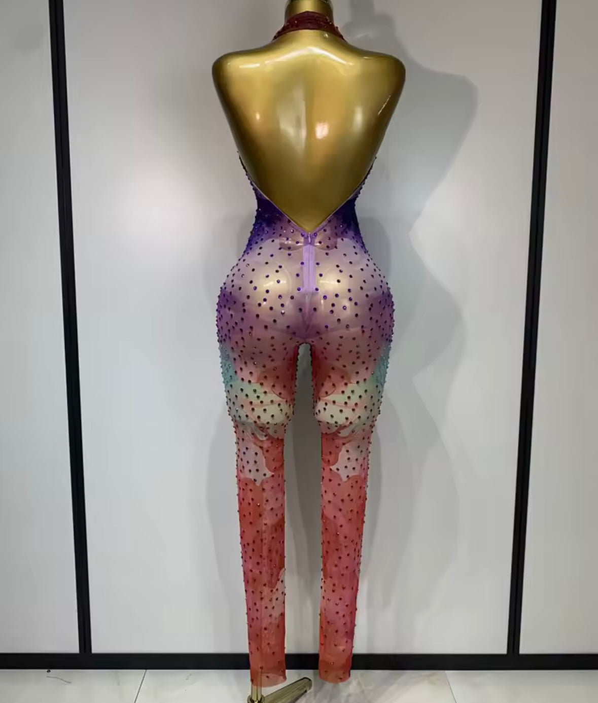 Halter Open Back See Through Colorful Rhinestone Jumpsuit