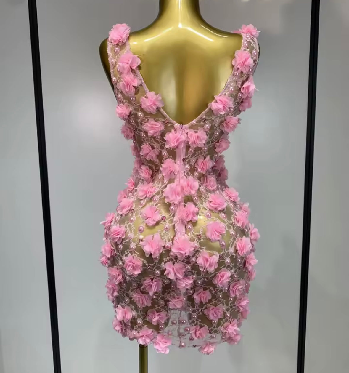 Sleeveless Pink Floral Beaded Sexy Short Dress