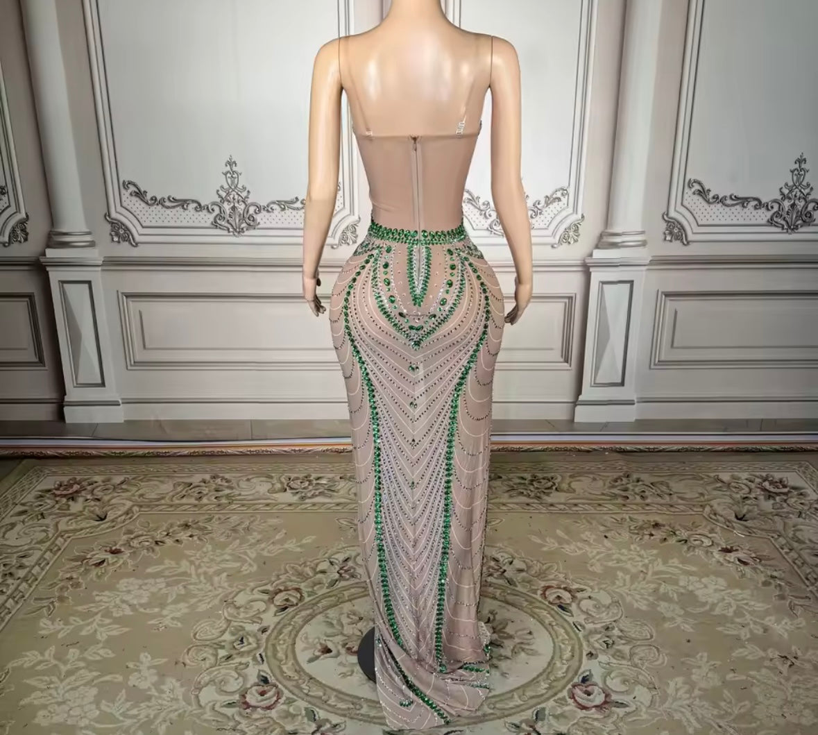 Sexy Sleeveless Rhinestone See Through Front Split Maxi Dress