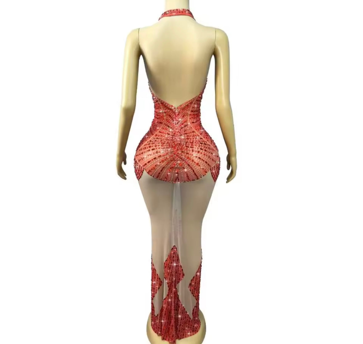 Sexy Halter Sleeveless Rhinestone See Through Maxi Dress