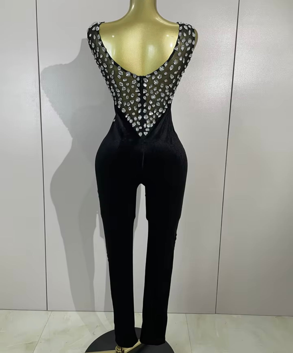 Elegant Black Sleeveless Rhinestone Embellishment Jumpsuit
