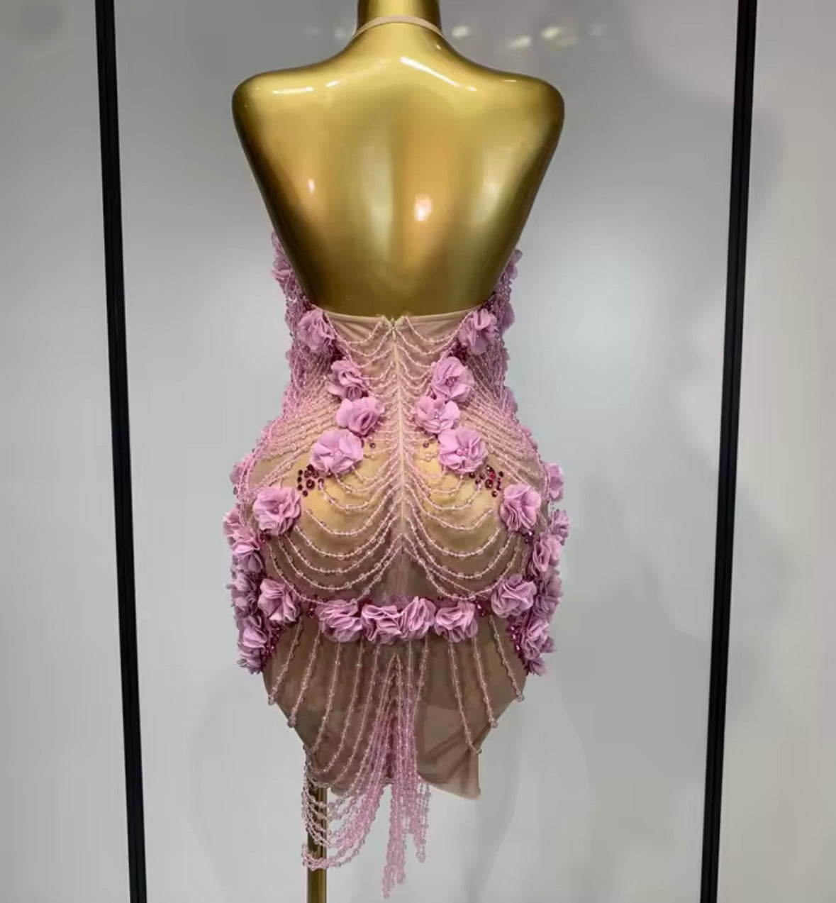 Pink Halter Sleeveless Beaded Rhinestone Sexy Dress