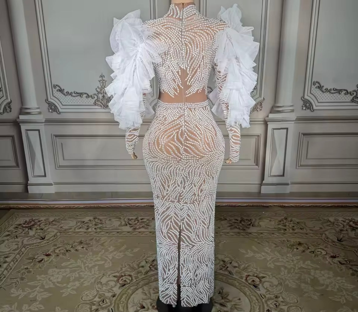Sexy Beaded Ruffle Fur Sleeve See Through Maxi Dress