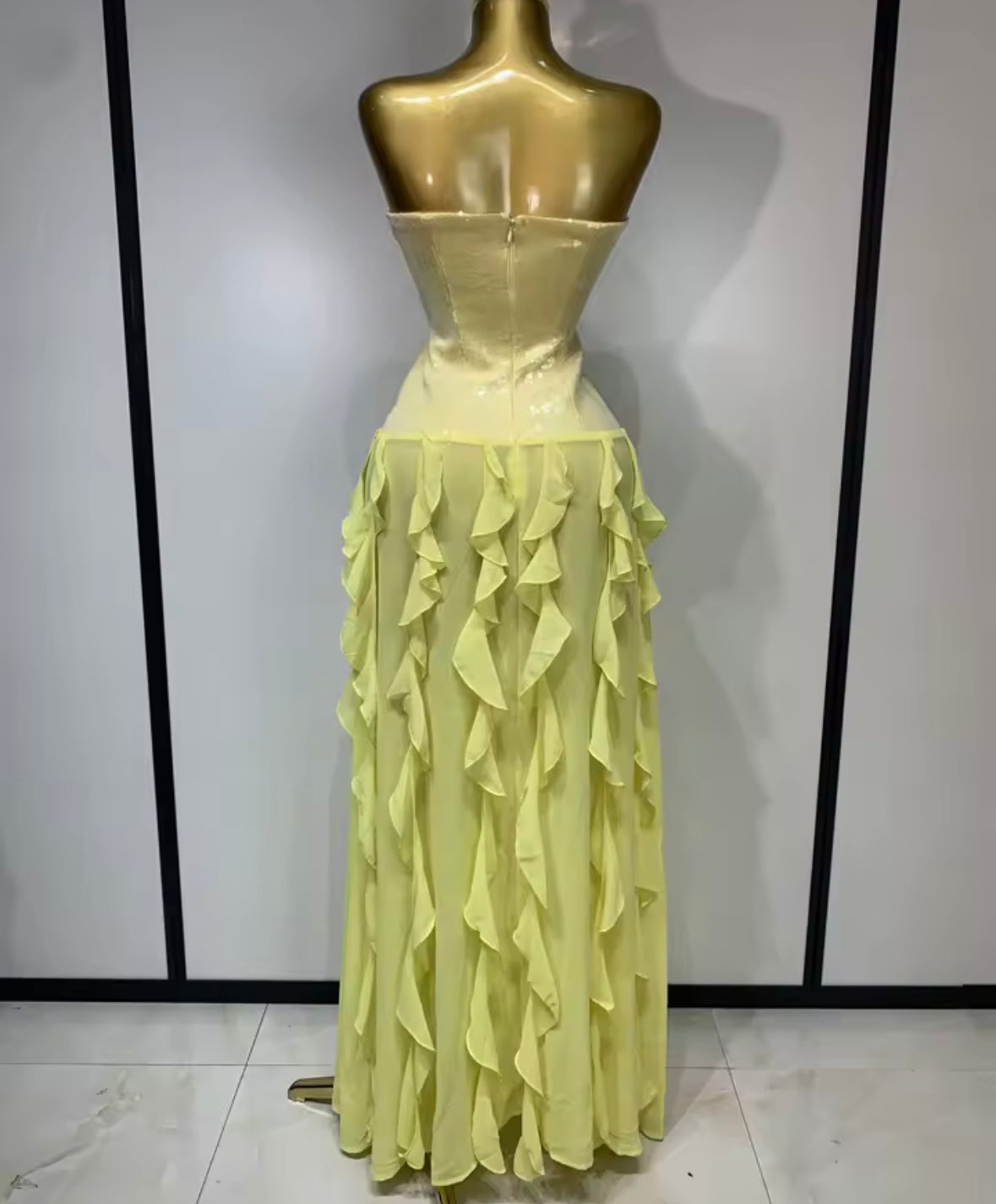 Sexy Strapless Yellow Sequins Ruffle Floor-Length Dress
