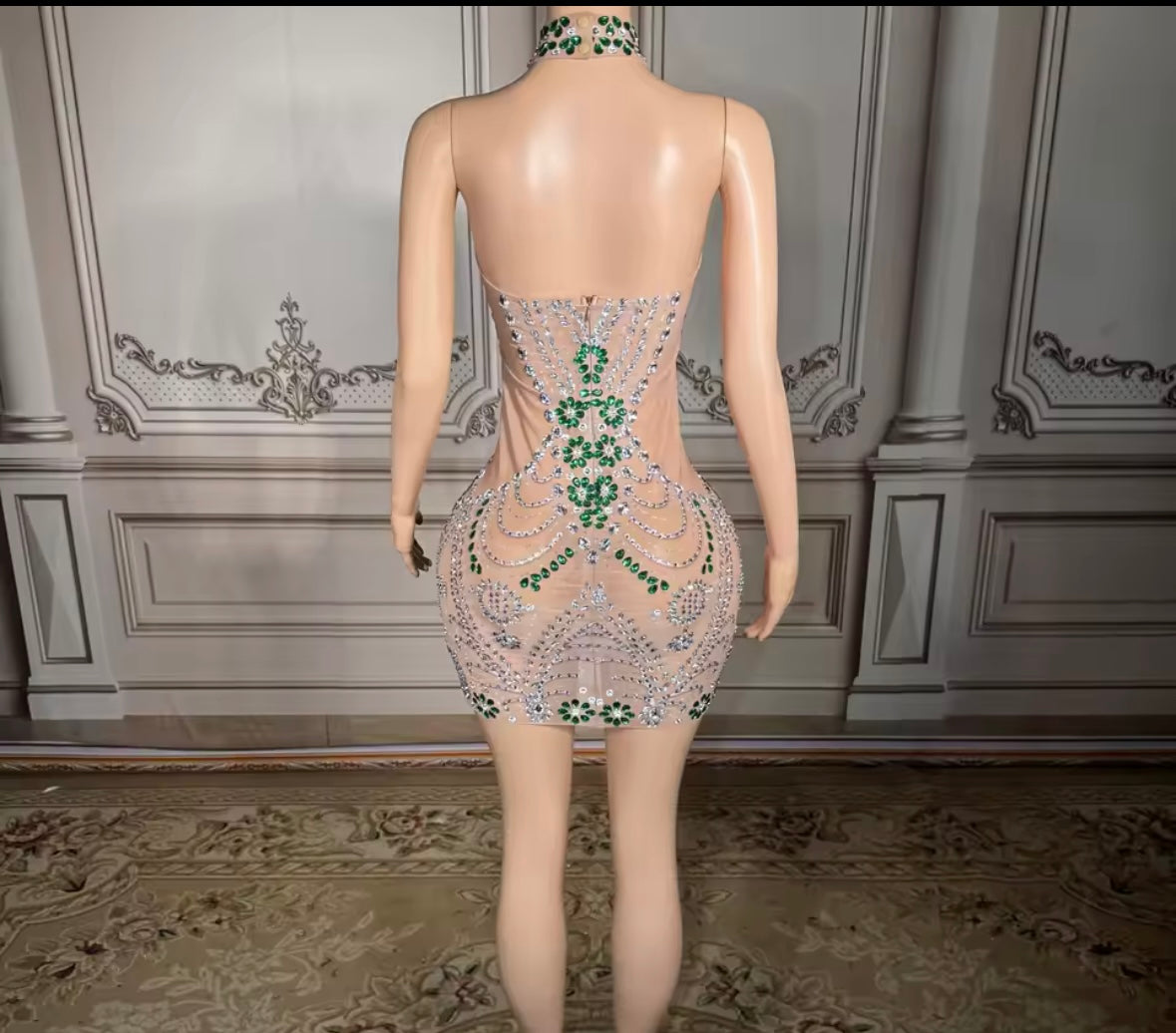 Sexy Halter Sleeveless Rhinestone Embellishment See Through Dress