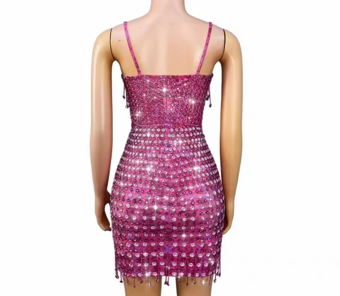 Pink Sexy Sleeveless Rhinestone Tassel Dress