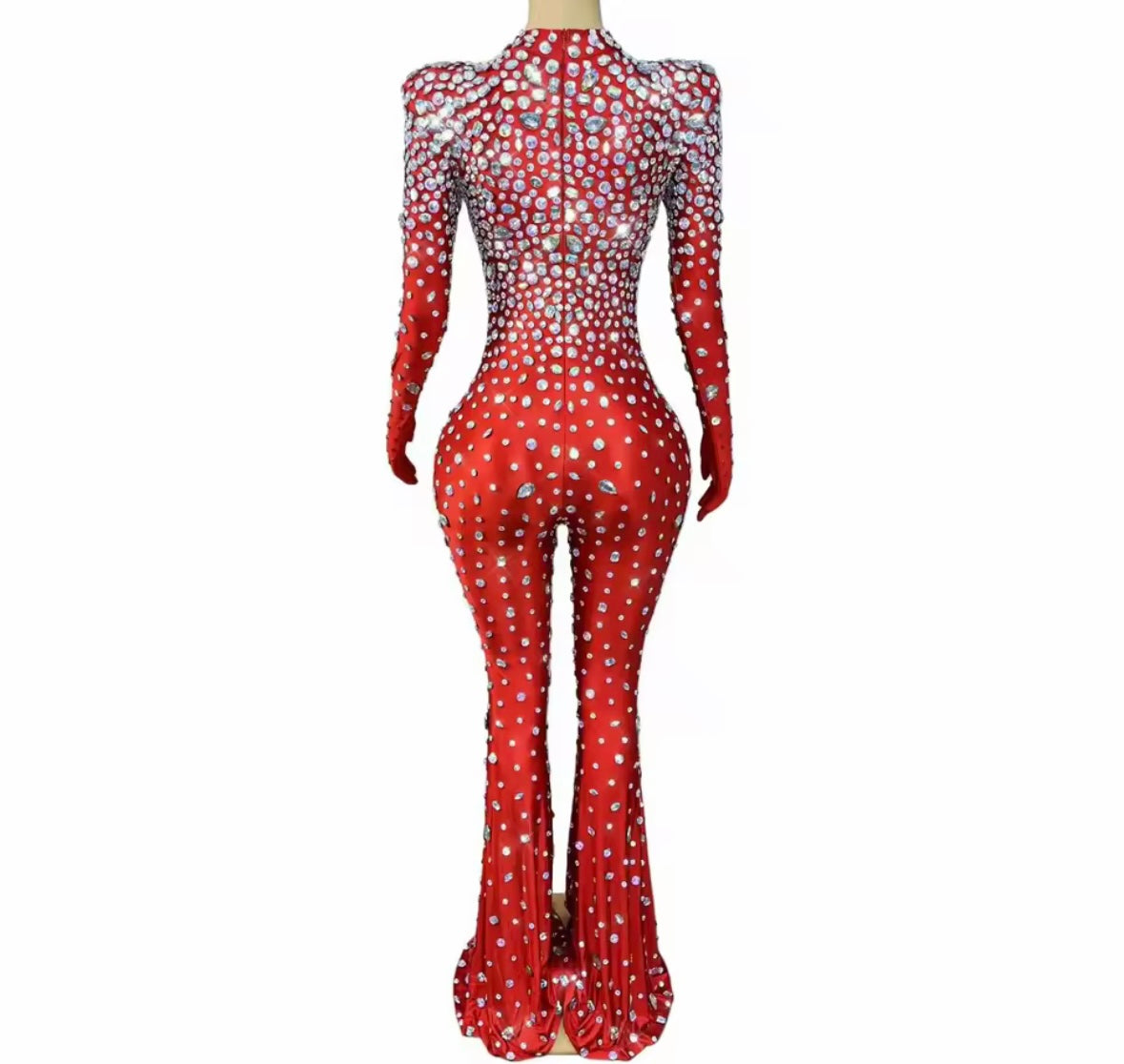 Elegant Rhinestone Glove Full Sleeve Jumpsuit