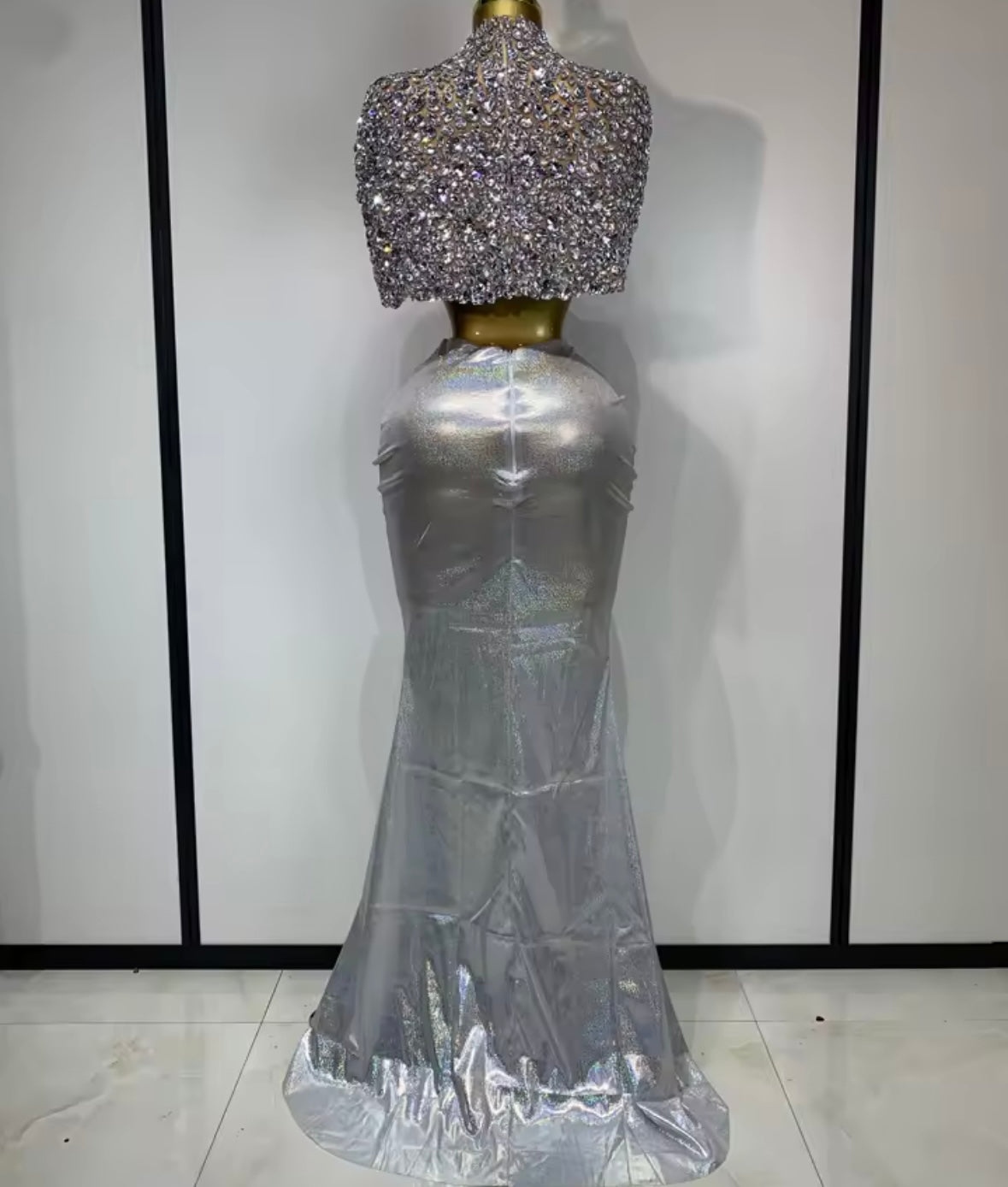 Silver Rhinestone Crop Sexy Ruched Maxi Skirt Set