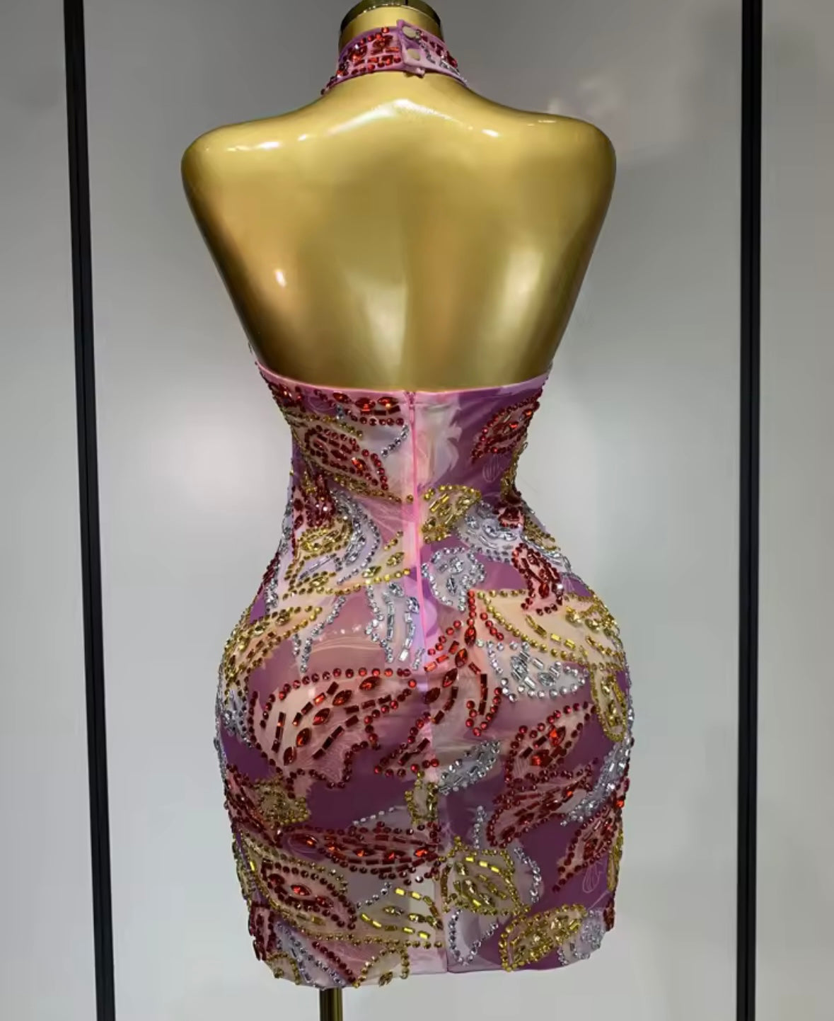 Multicolored Rhinestone Halter Sleeveless Dress