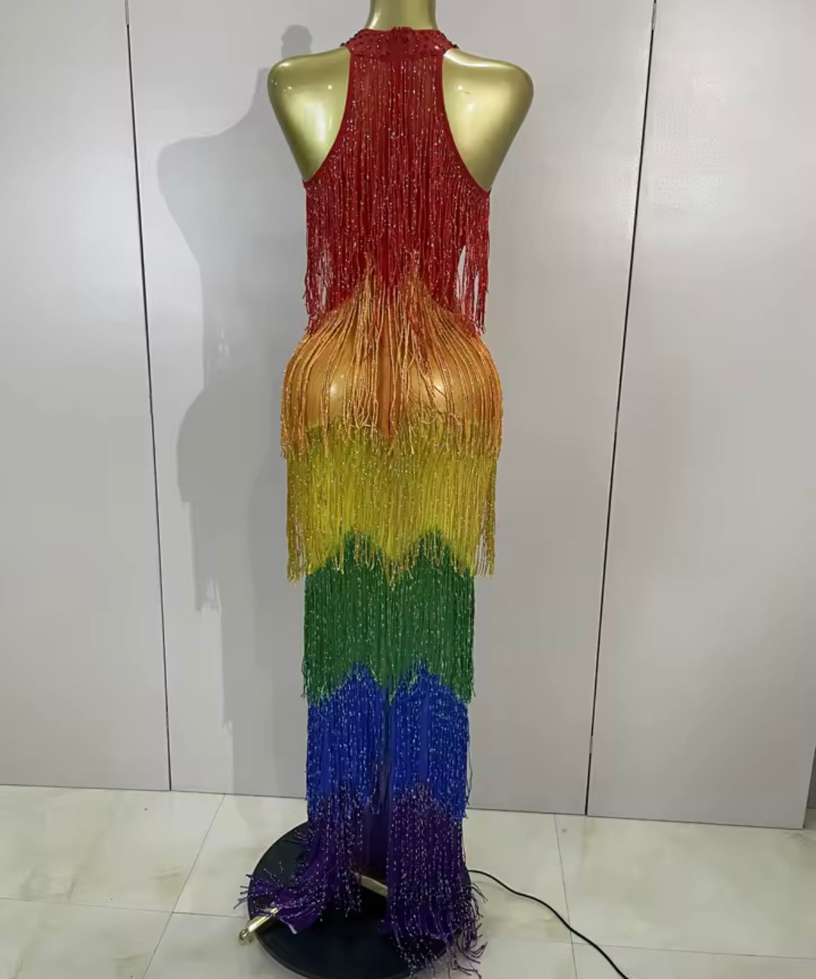 Sexy Halter Sleeveless Colorful Rhinestone Fringe Tassel Maxi Dress