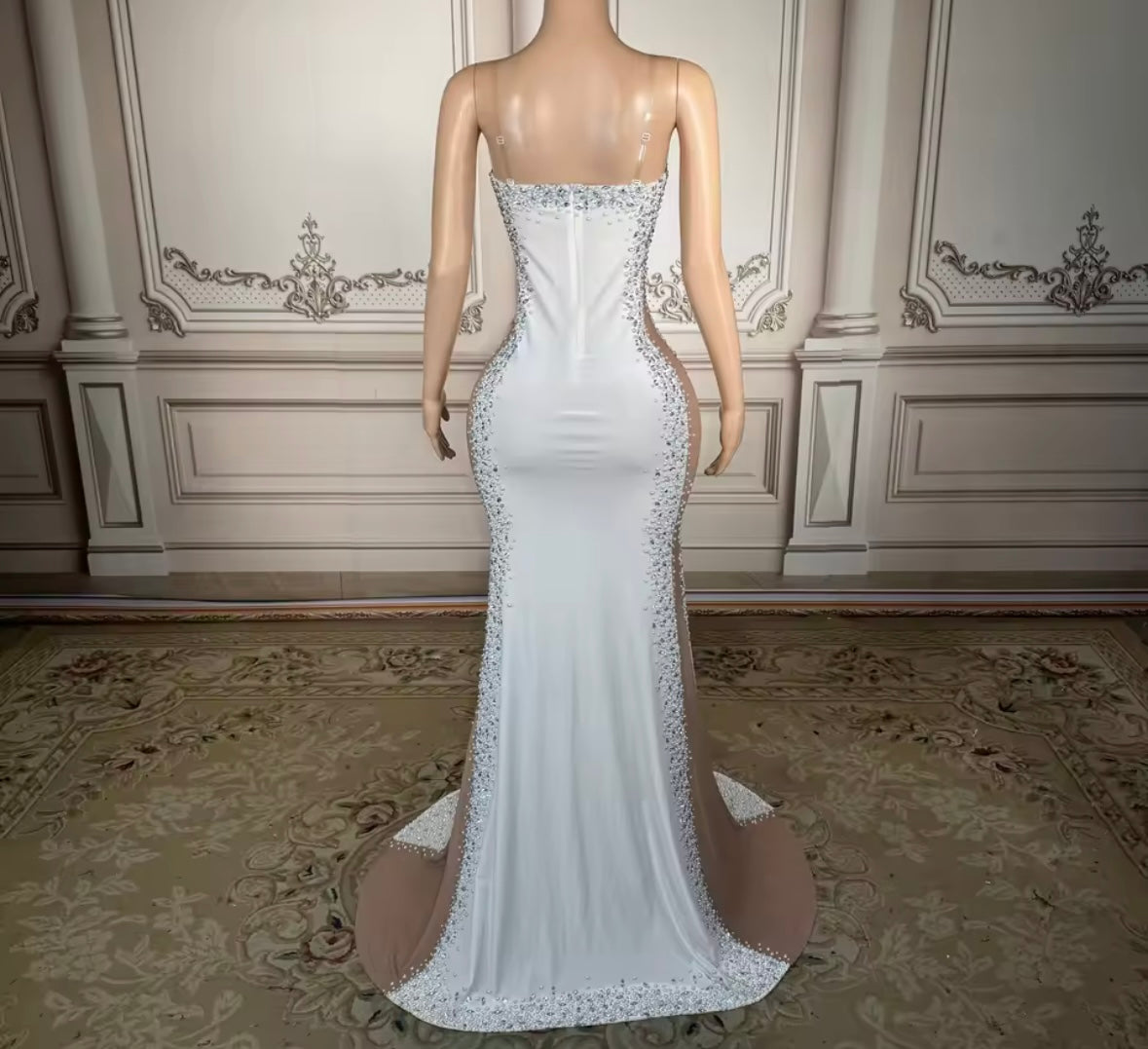 Elegant Sleeveless White Rhinestone Floor-Length Dress