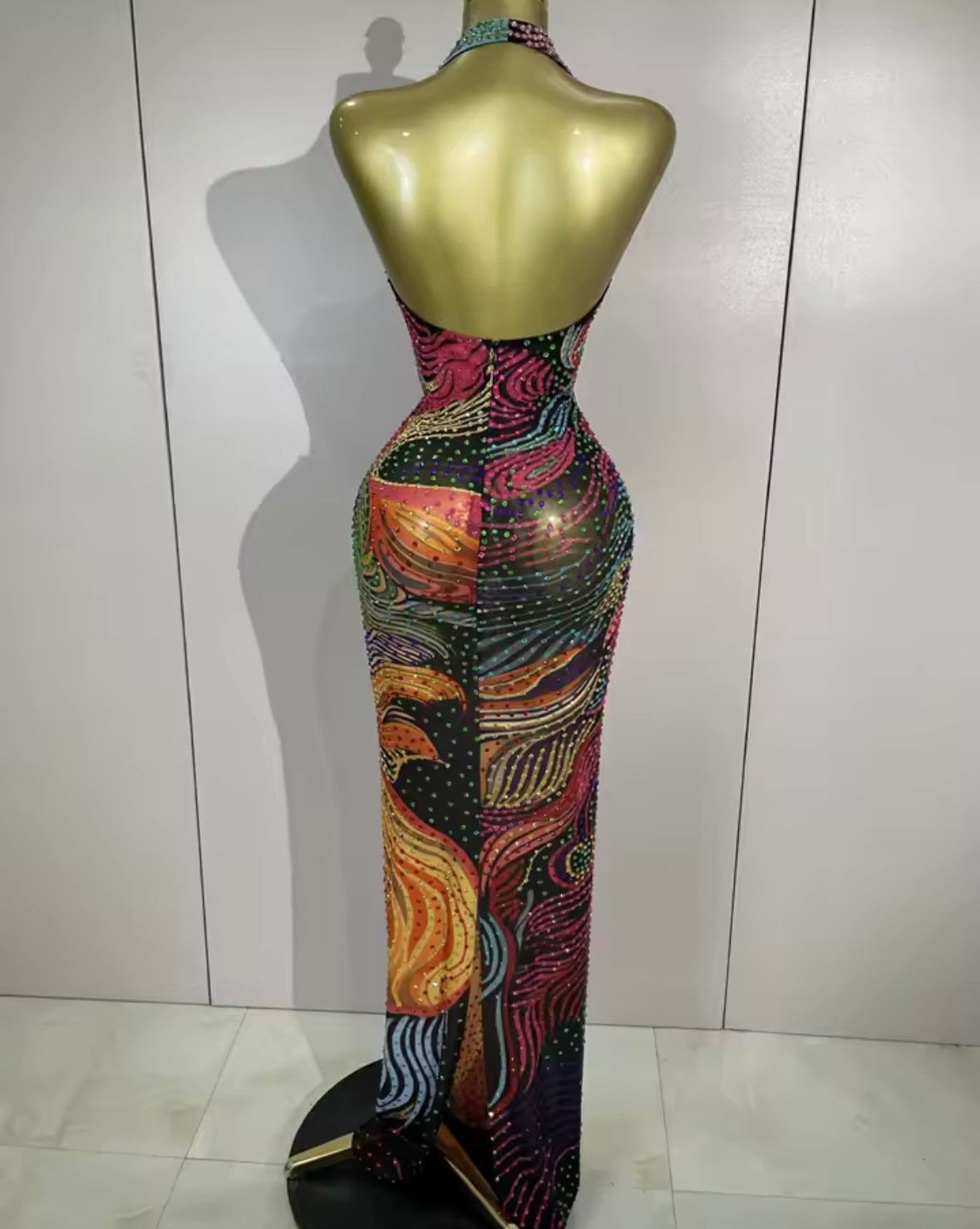 Sexy Halter Sleeveless Multicolored Rhinestone Maxi Dress