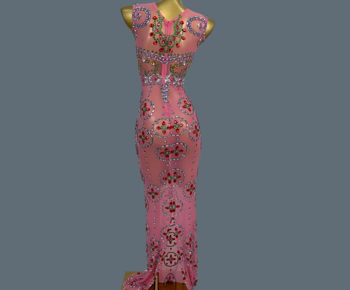 Sexy Pink Sleeveless Crystal Rhinestone Maxi Dress