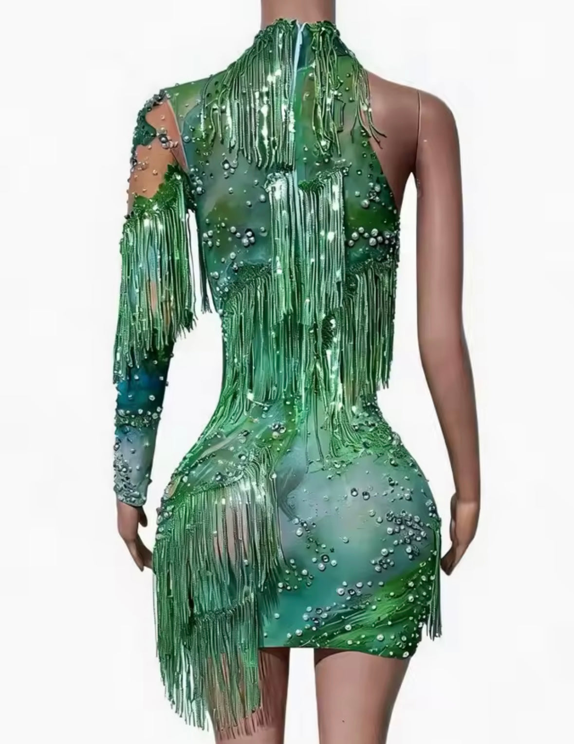 Green One Shoulder Printed Fringe Tassel Sexy Dress
