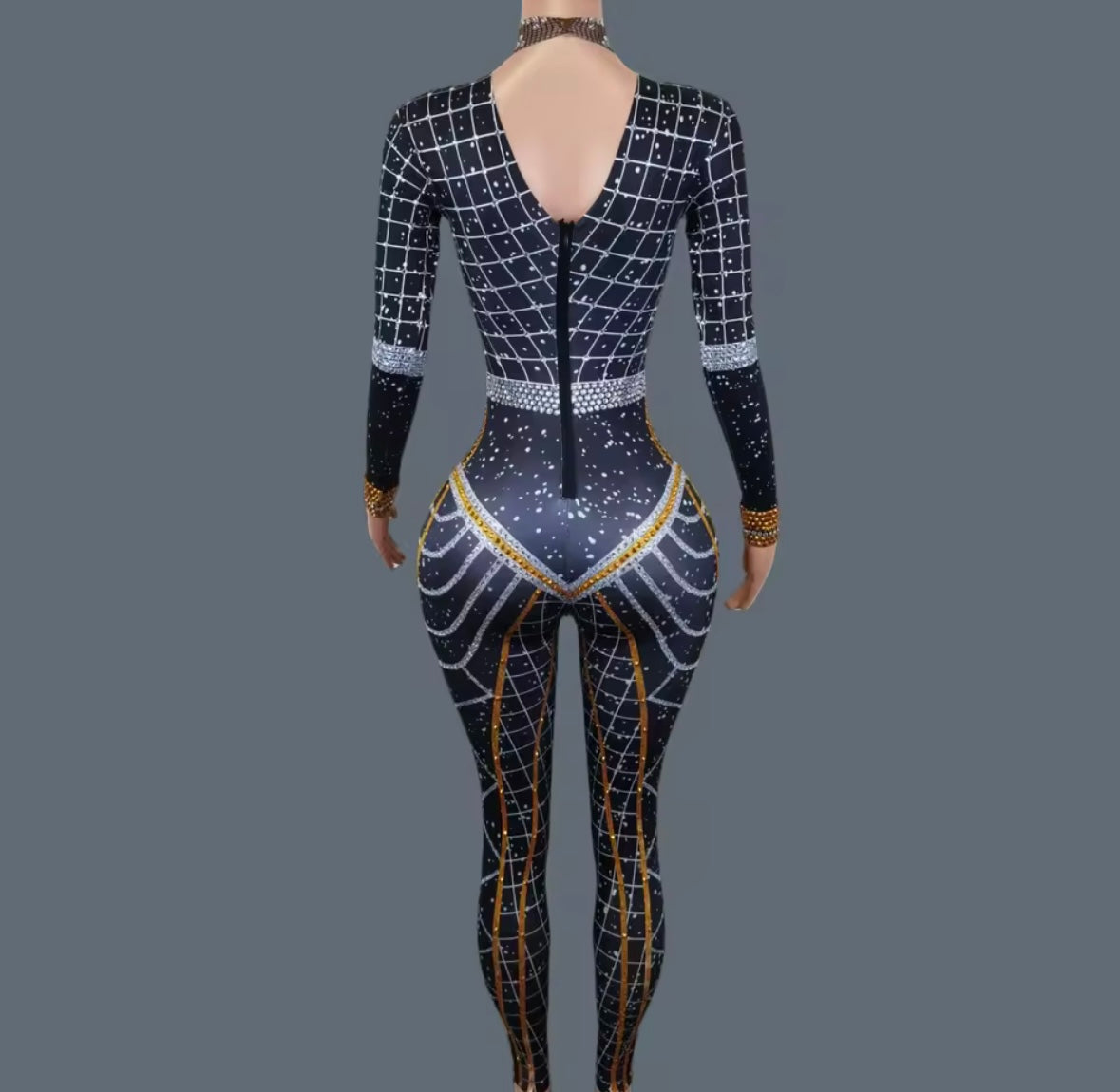 Elegant Printed Rhinestone Full Sleeve Jumpsuit