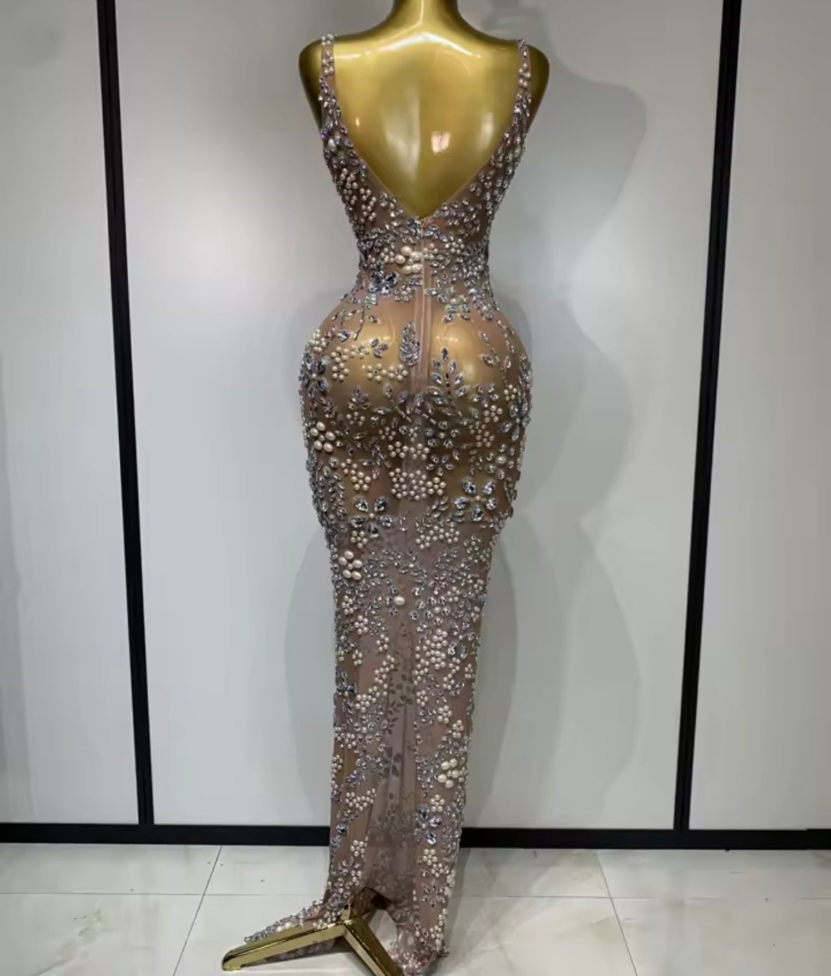 Sexy Sleeveless Beaded Rhinestone Floor-Length Dress