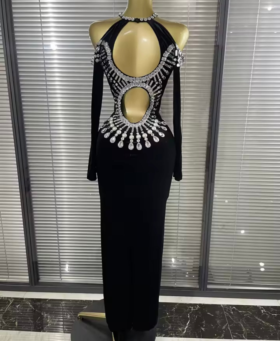 Black Rhinestone Embellishment Open Back Full Sleeve Maxi Dress